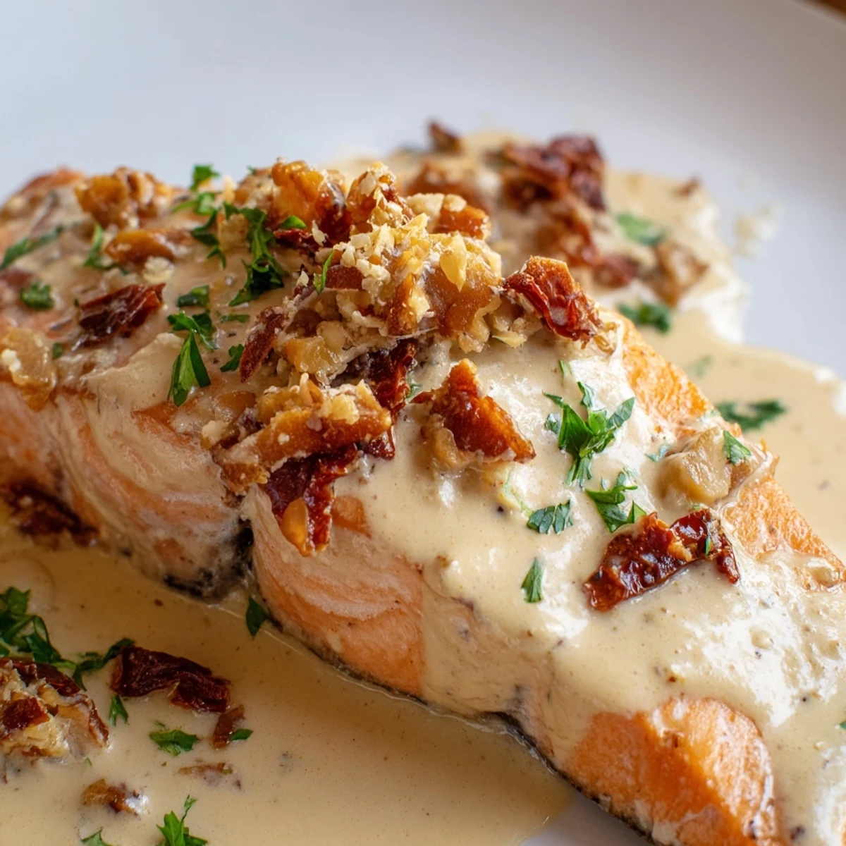 Golden pan-seared salmon fillets draped in a rich garlic parmesan cream sauce with sun-dried tomatoes