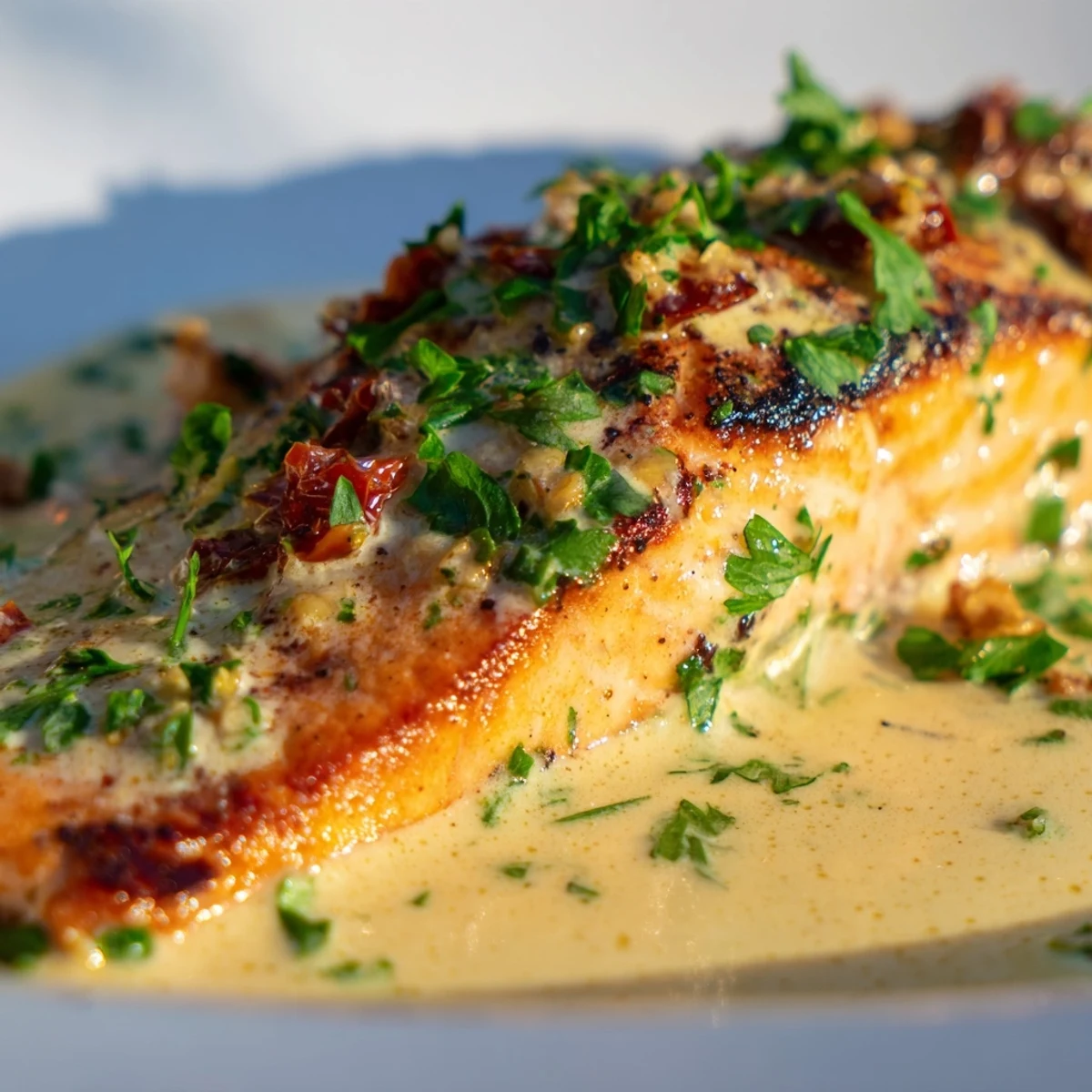 Tender salmon pieces swimming in a luscious white cream sauce with chopped sun-dried tomatoes and basil garnish