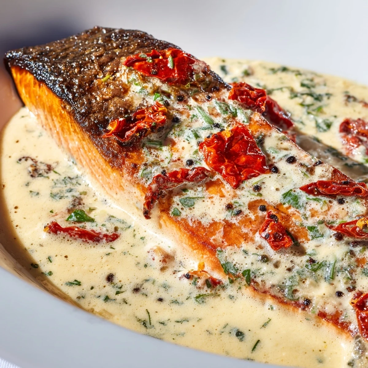 Creamy Marry Me Salmon topped with fresh herbs and served over white rice on a blue plate