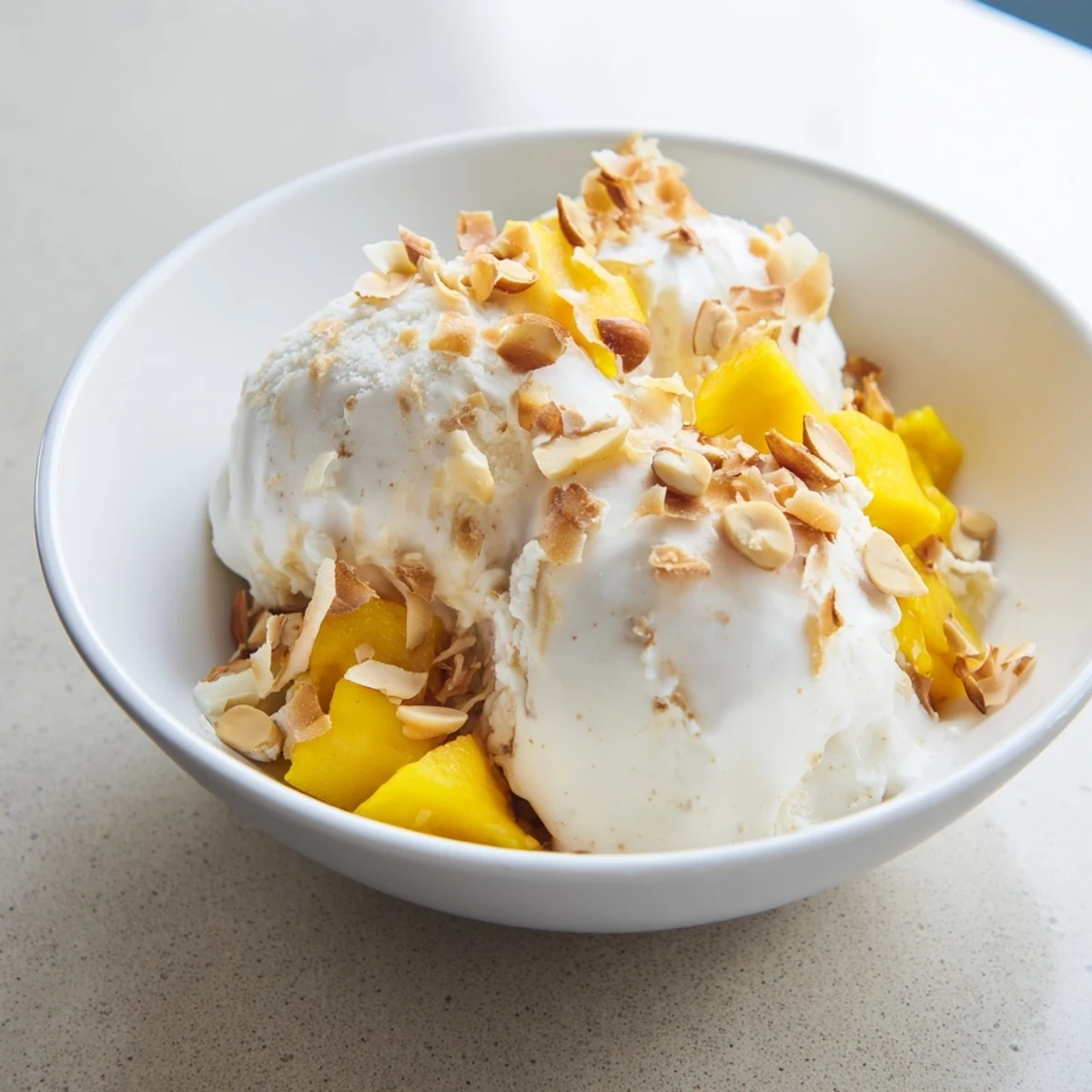 Smooth homemade Thai coconut milk ice cream swirled with tropical mix-ins in a glass serving dish