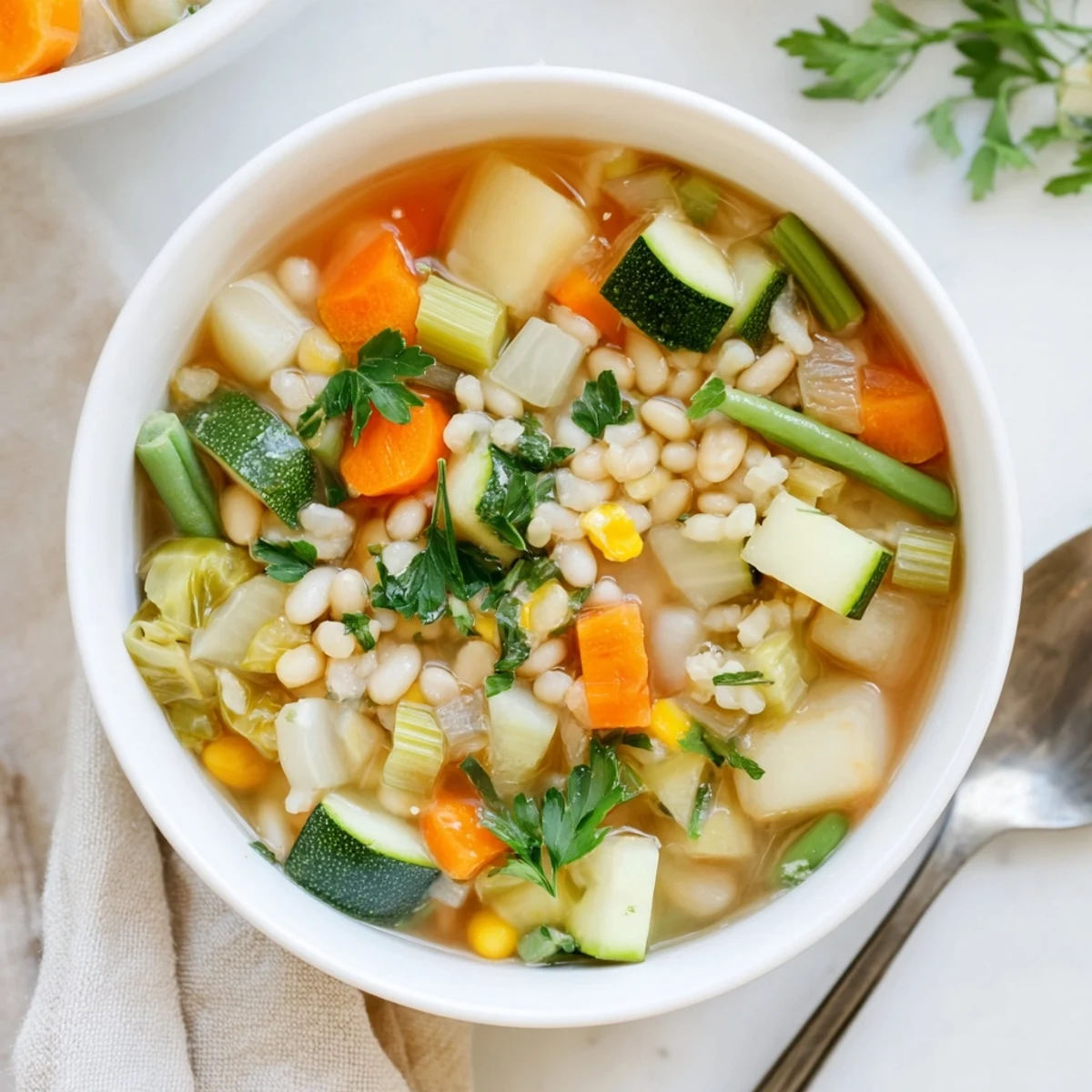 Rustic stone soup with colorful diced vegetables simmering in a deep pot with fresh parsley garnish