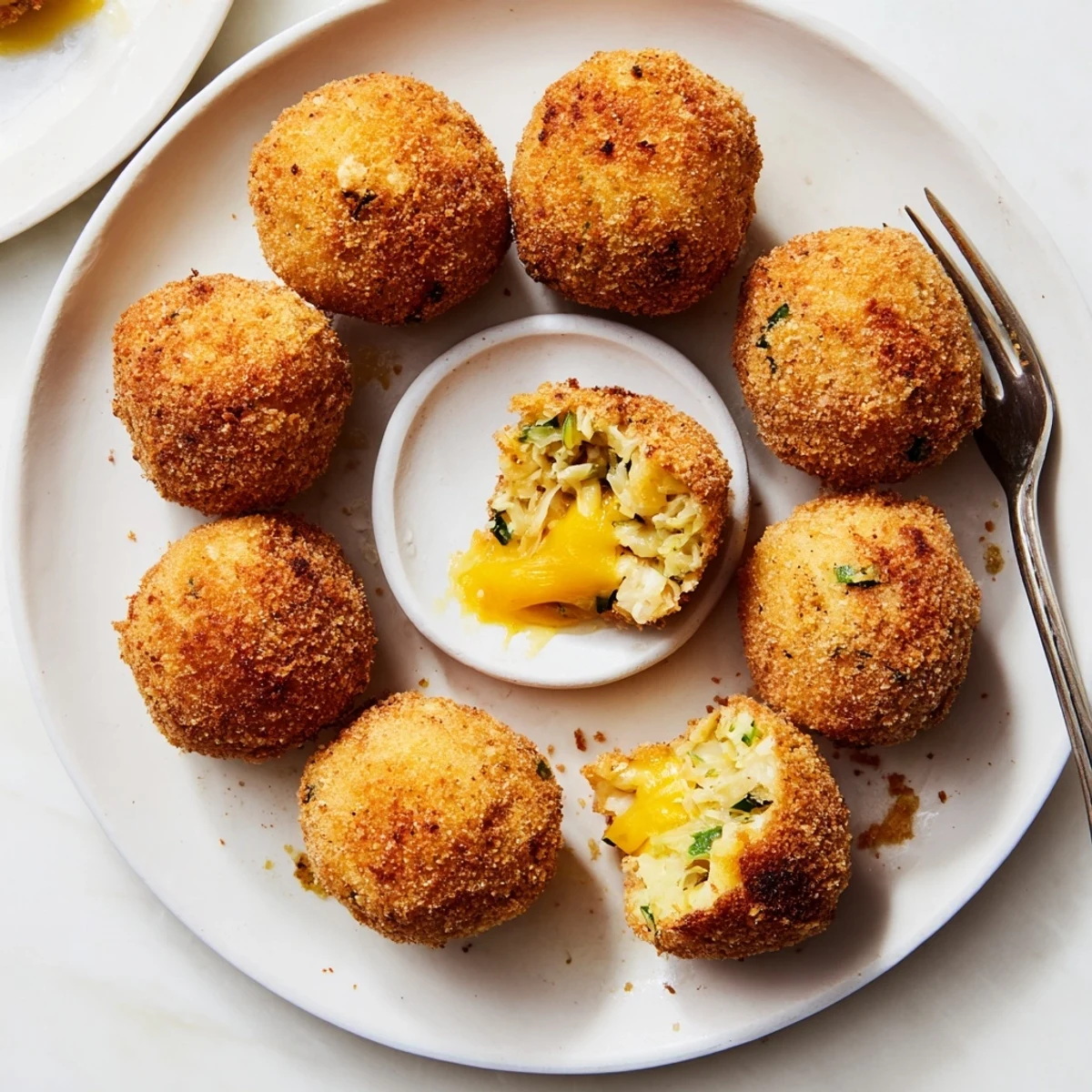 Golden brown Cheesy Fried Colcannon Balls on a white serving plate with dipping sauce