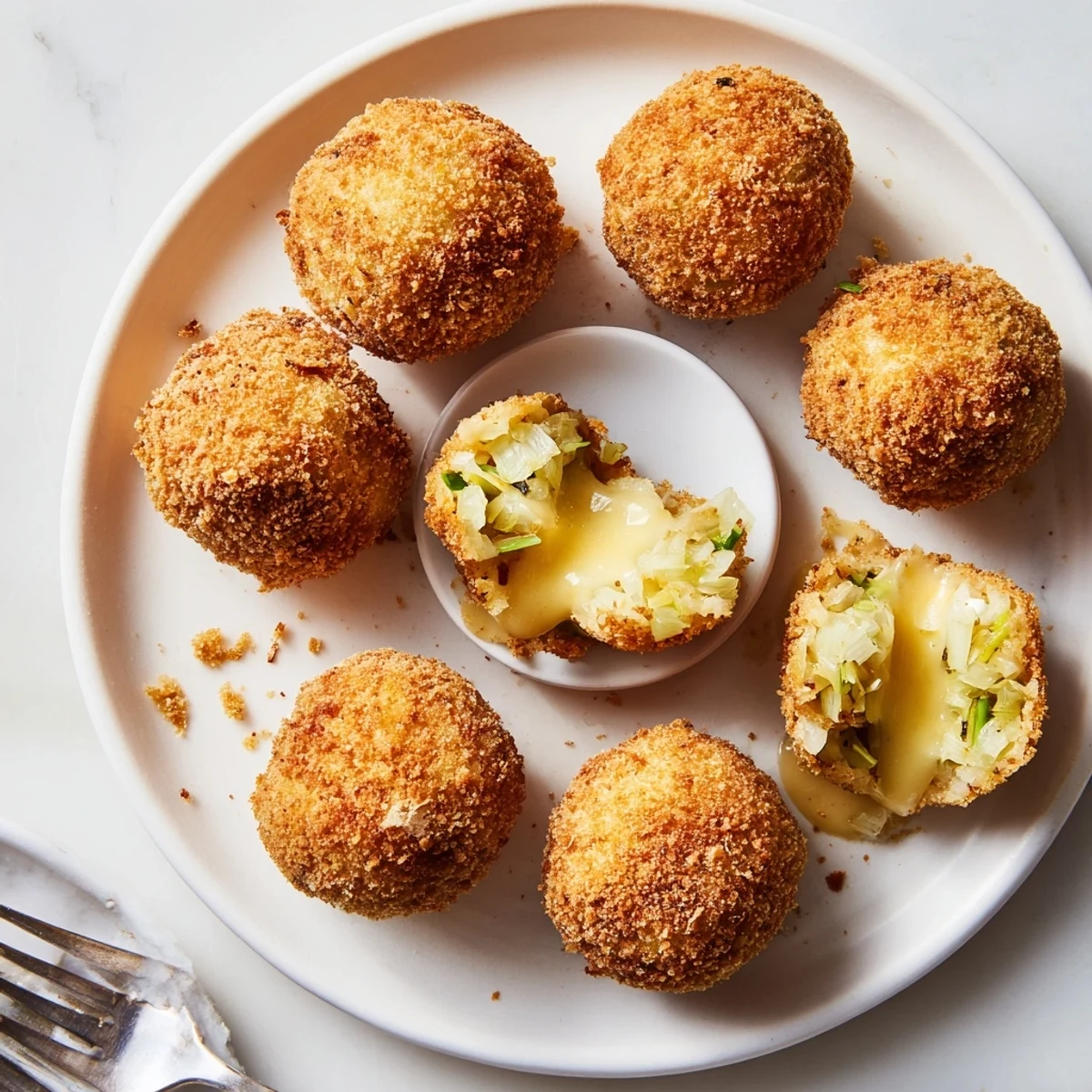 Plate of golden Cheesy Fried Colcannon Balls garnished with fresh scallions and sour cream