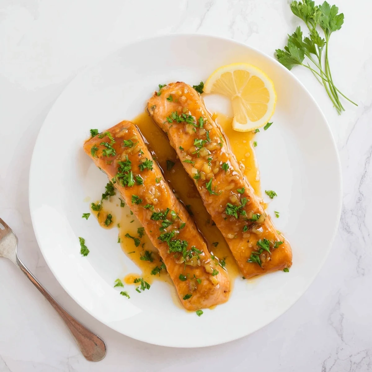 Golden brown pan-seared salmon fillets coated in sticky honey garlic glaze with fresh parsley garnish