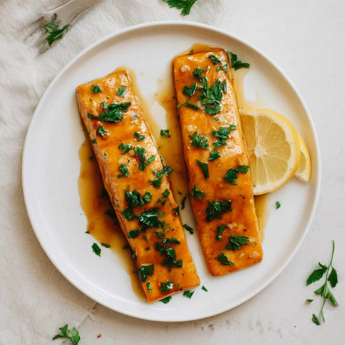 Glossy honey garlic glazed salmon pieces topped with chopped parsley and fresh lemon for citrus brightness