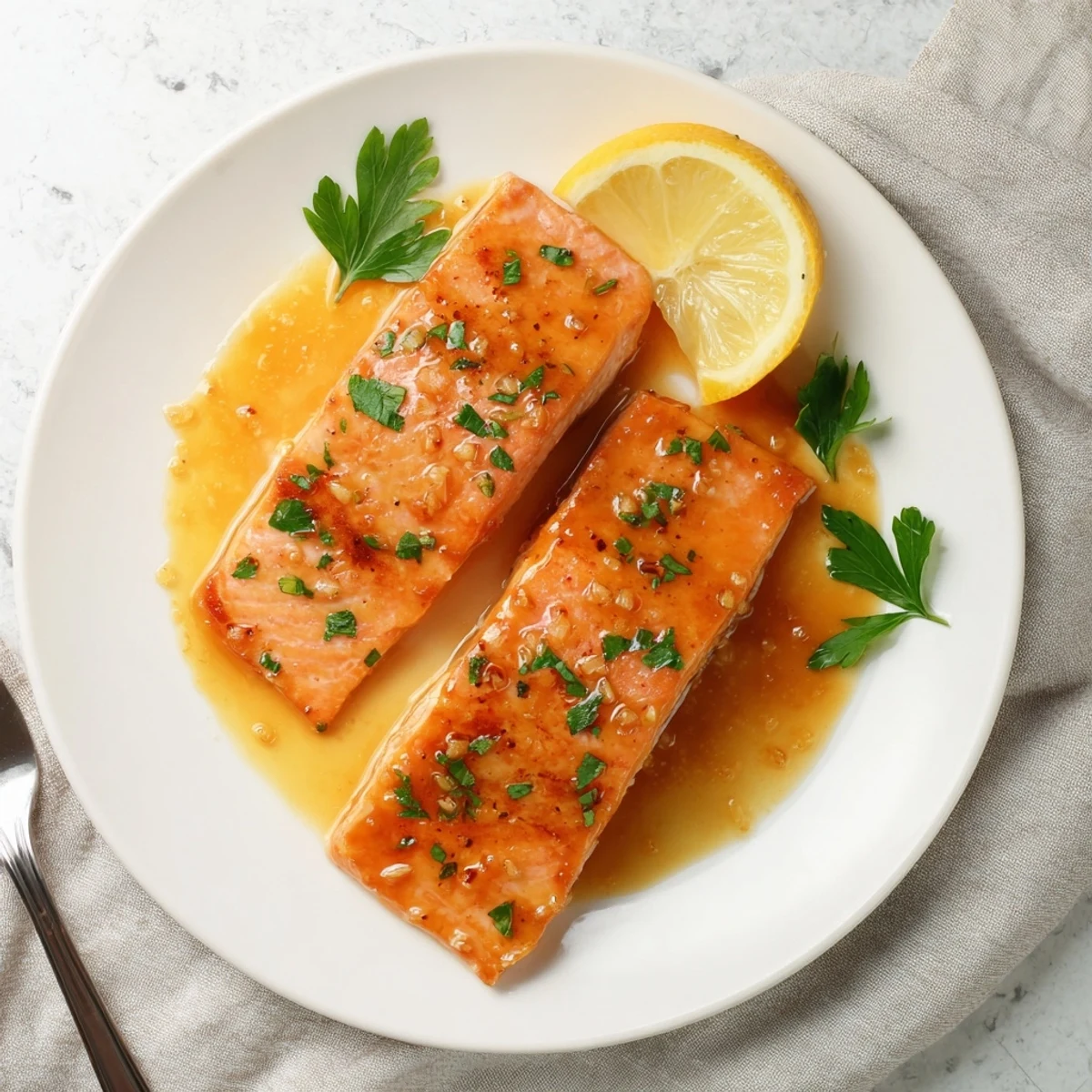 Succulent honey garlic glazed salmon drizzled with savory sauce served with lemon wedges on white plate
