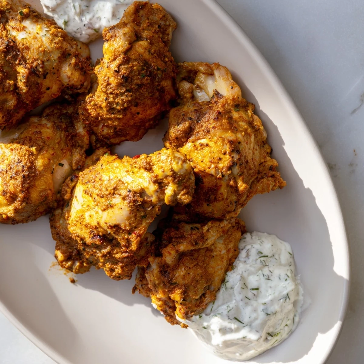 Golden roasted Lebanese chicken thighs garnished with fresh herbs and lemon wedges on a white platter