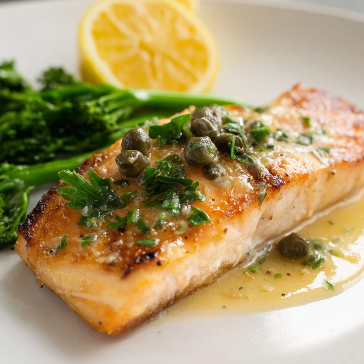 Golden crispy-skinned Gordon Ramsay pan fried salmon with herb butter sauce drizzled over the flaky fish