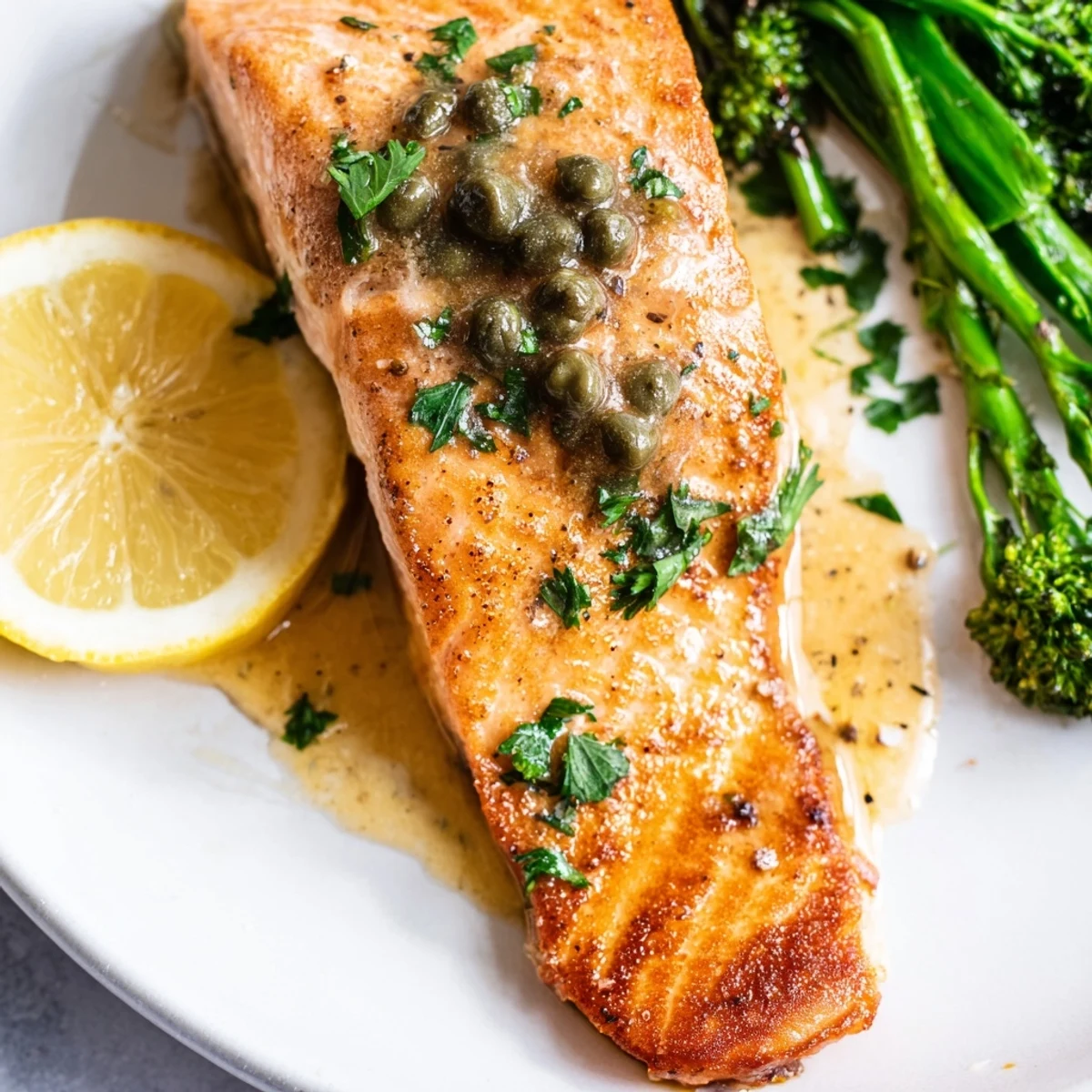 Restaurant-style Gordon Ramsay pan fried salmon fillets served with tender seasonal vegetables and bright lemon wedges