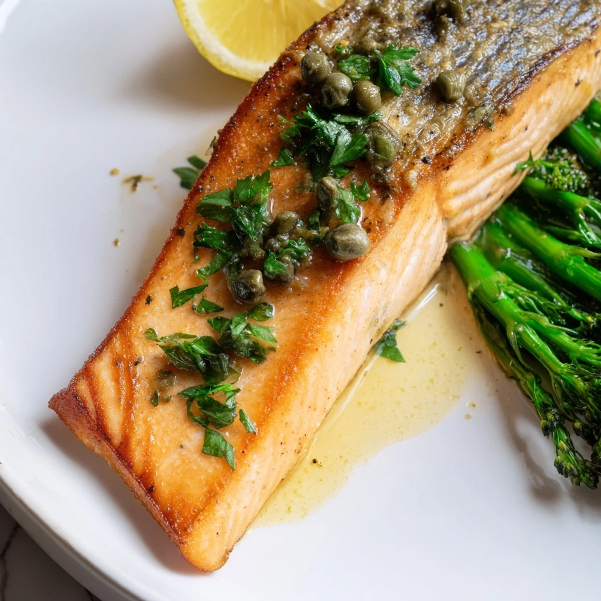 Perfectly cooked Gordon Ramsay pan fried salmon featuring caramelized crispy skin and savory garlic butter sauce