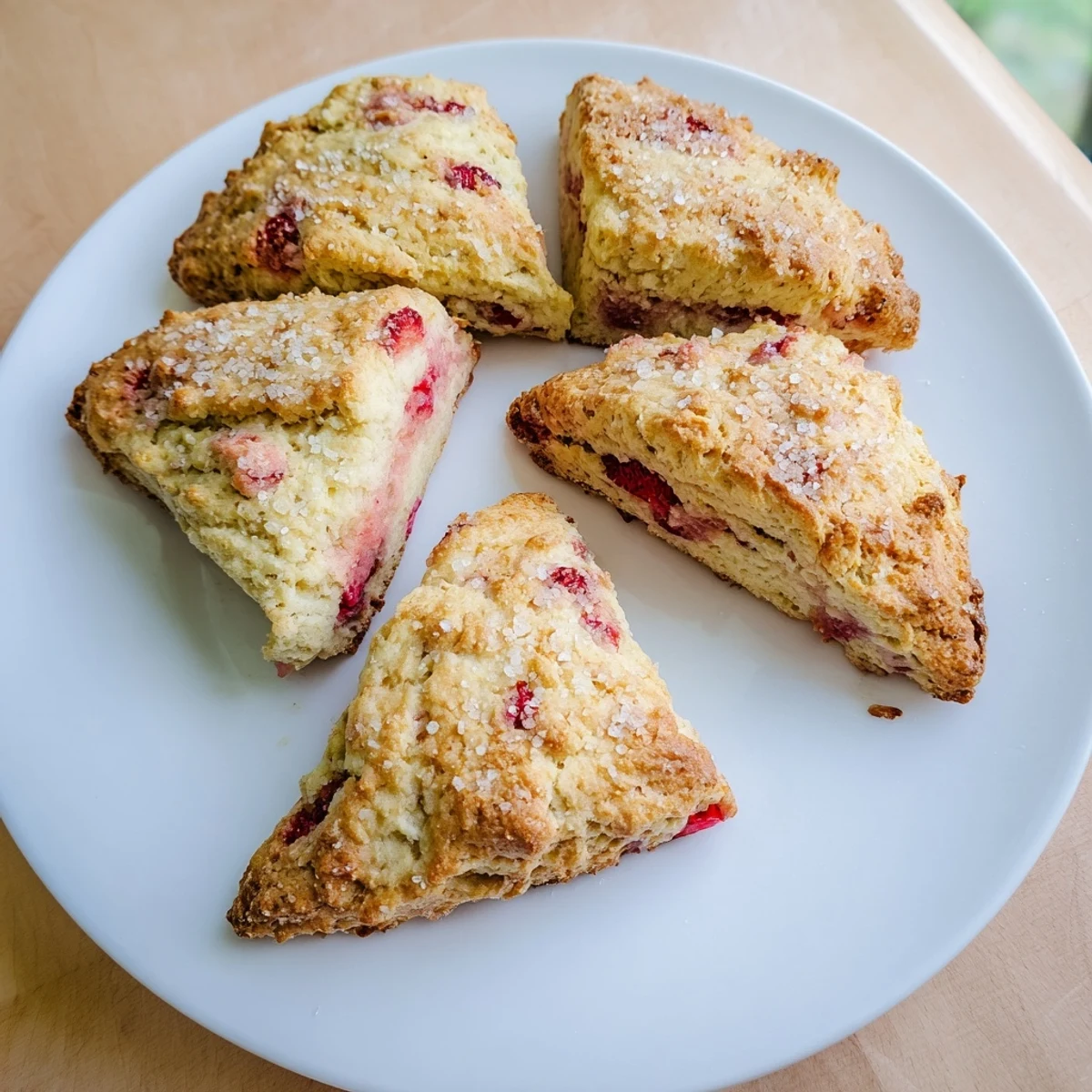 Golden brown strawberries and cream scones sprinkled with coarse sugar on a wire cooling rack