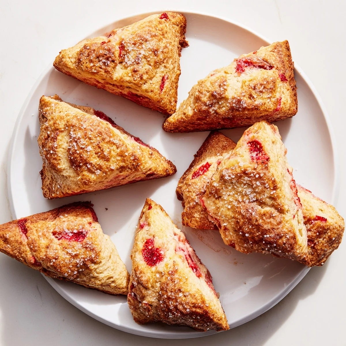 Flaky breakfast scones bursting with fresh diced strawberry pieces and creamy vanilla drizzle