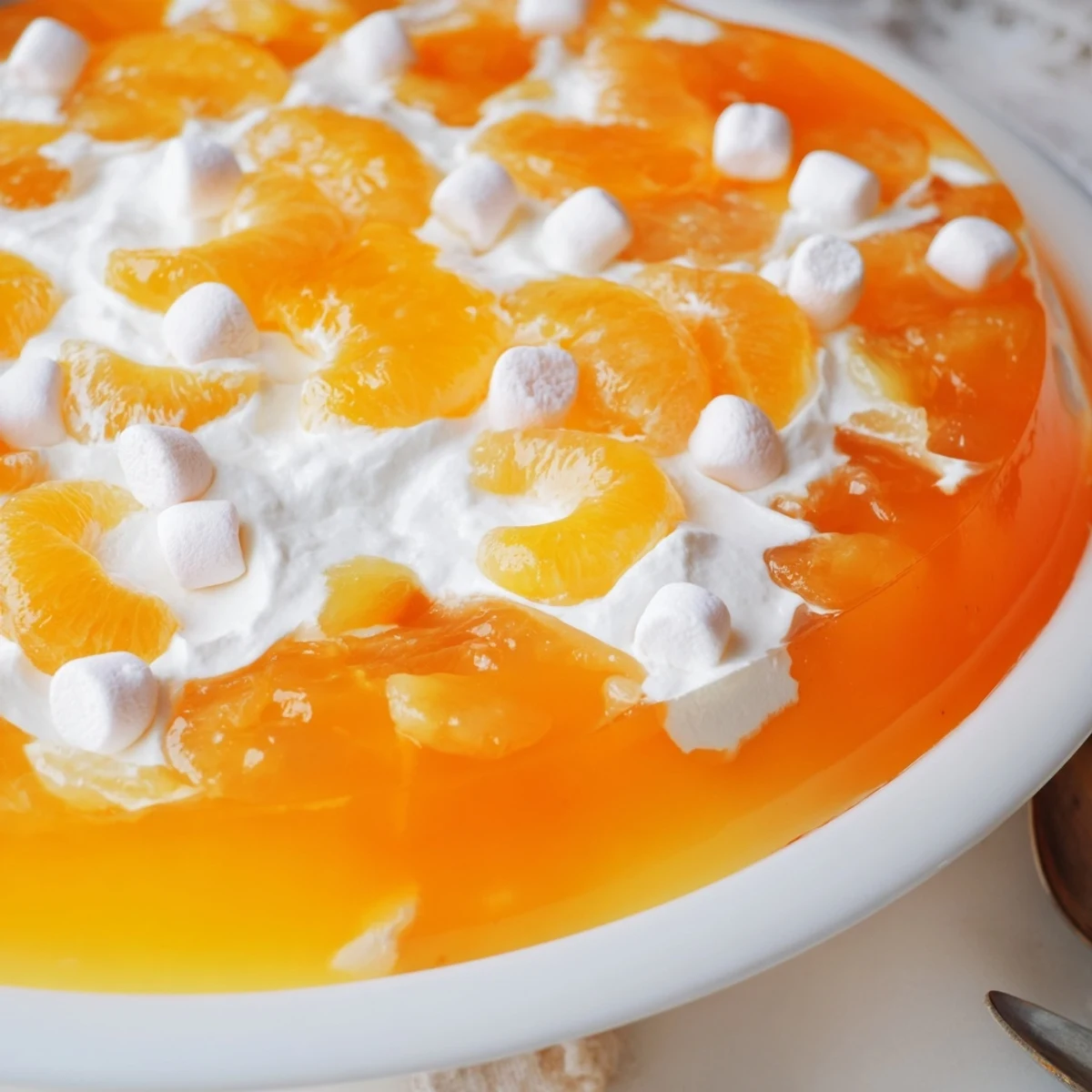 Creamy Easter orange Jello salad topped with fluffy white whipped cream and bright mandarin orange segments in a glass serving bowl