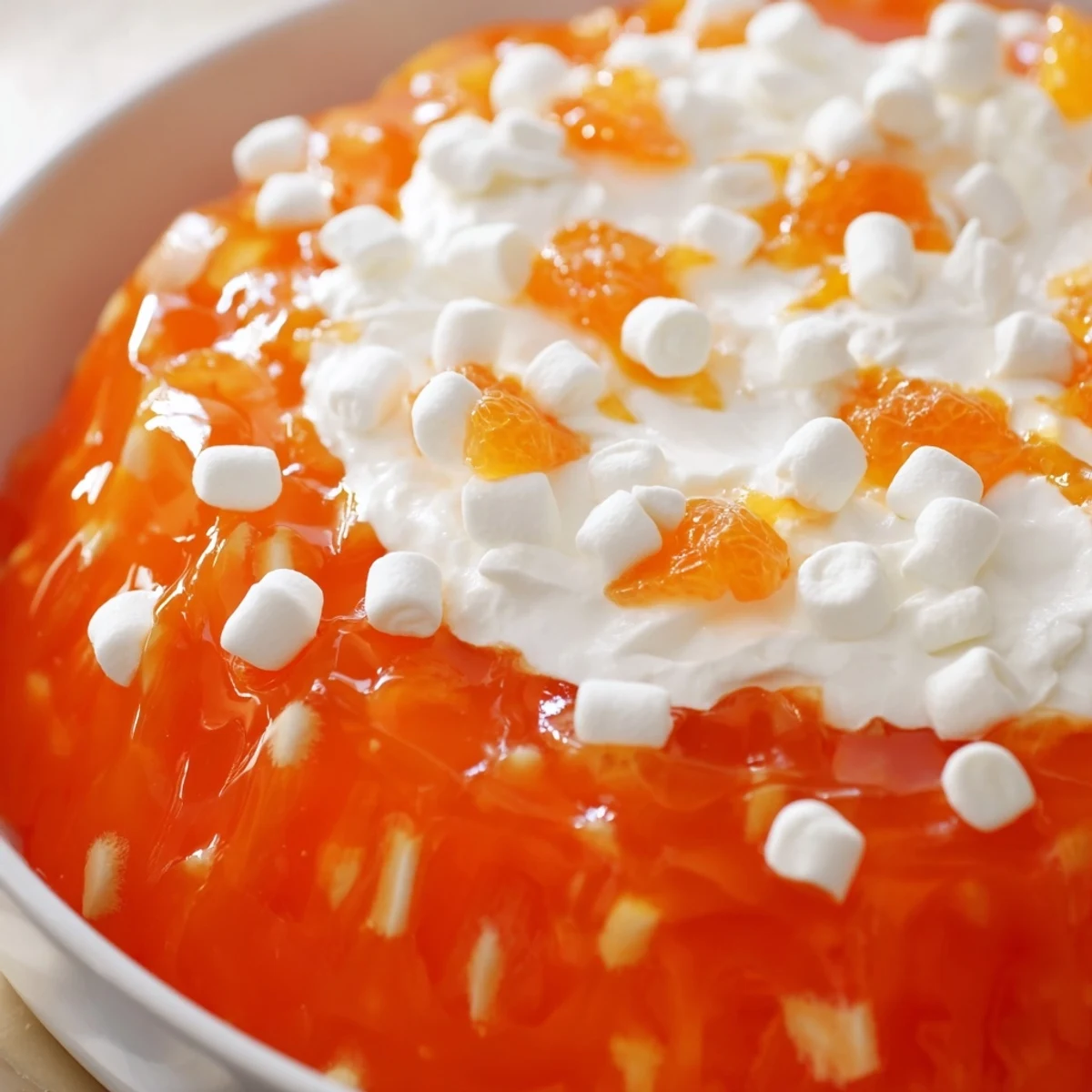 Festive spring orange gelatin dessert layered with sour cream, marshmallows, and canned pineapple chunks for a vibrant holiday side dish