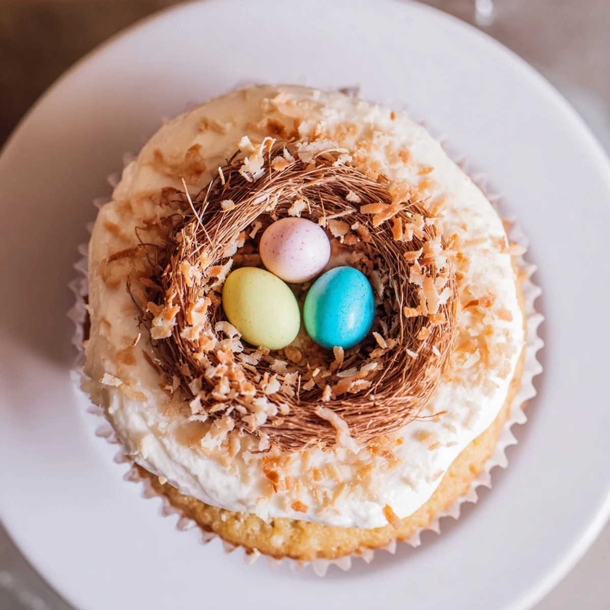 Moist vanilla cupcakes with coconut buttercream featuring toasted coconut nests filled with pastel chocolate eggs for Easter dessert