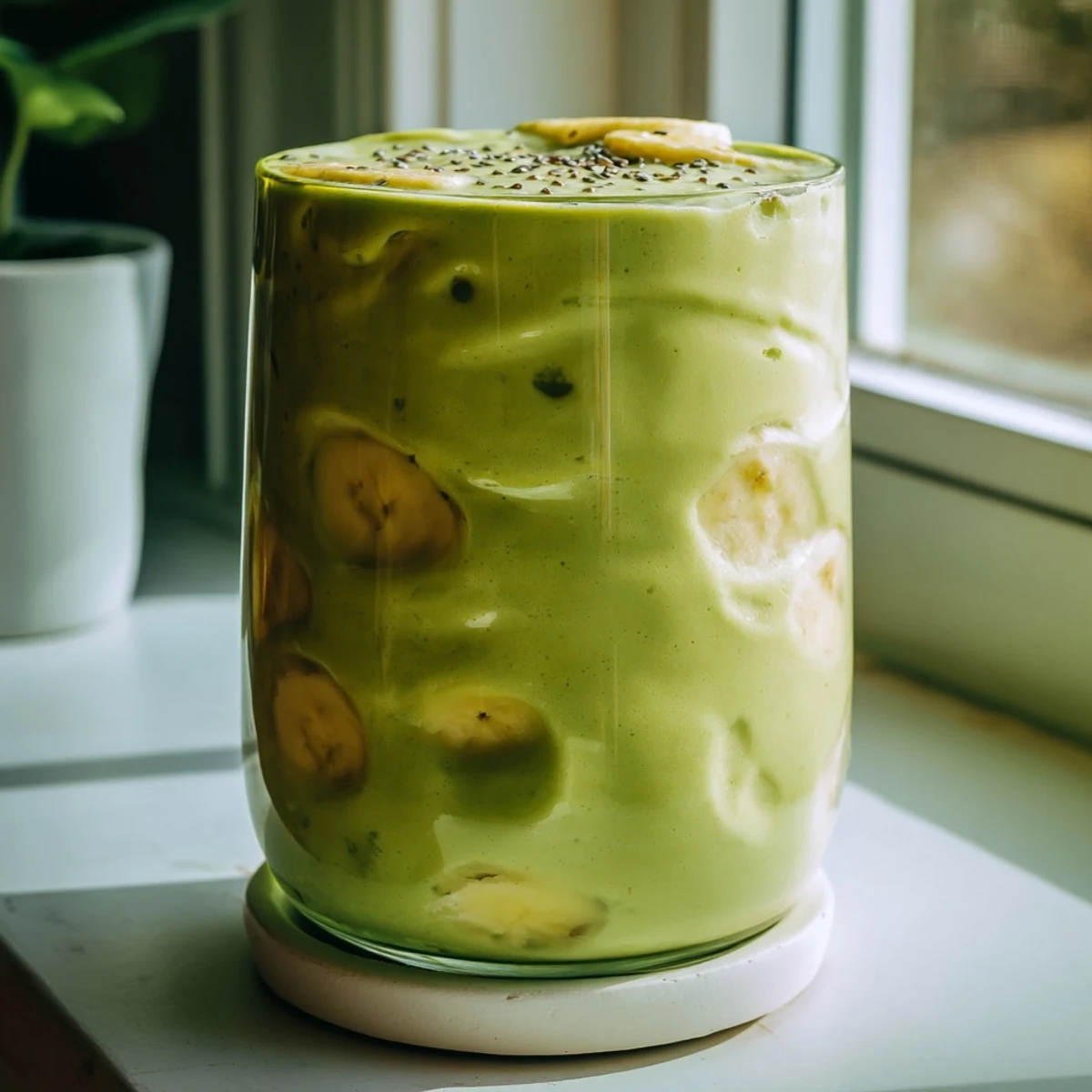 Creamy energizing banana matcha smoothie in a clear glass topped with light green frothy foam