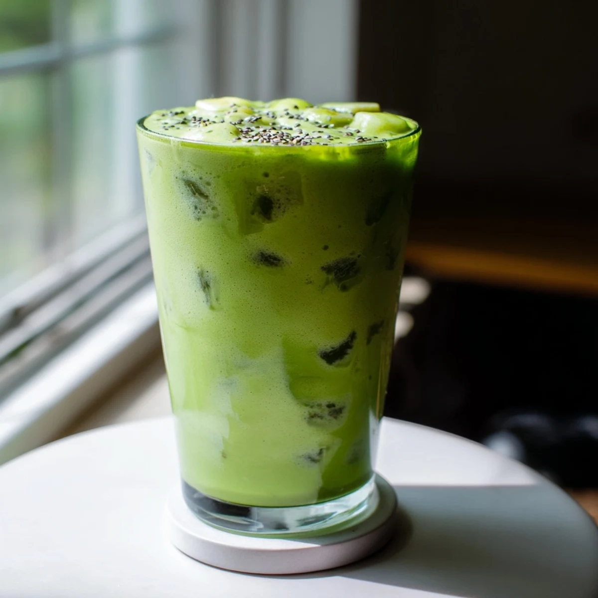 Thick blended energizing banana matcha smoothie poured into two tall glasses with visible ice chips