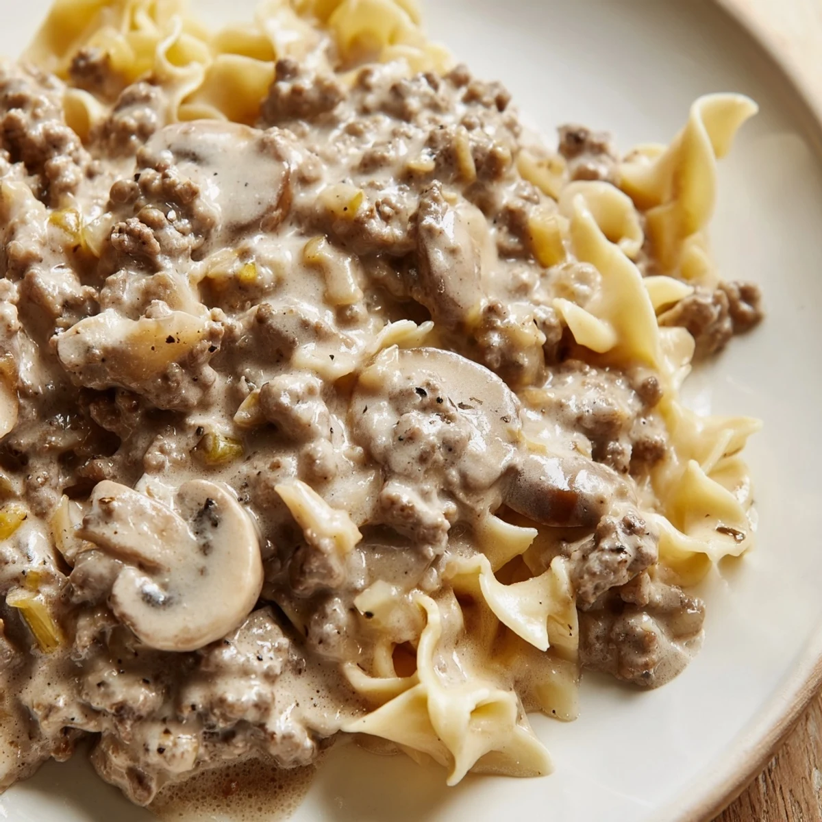 Creamy hamburger stroganoff with ground beef and mushrooms served over egg noodles