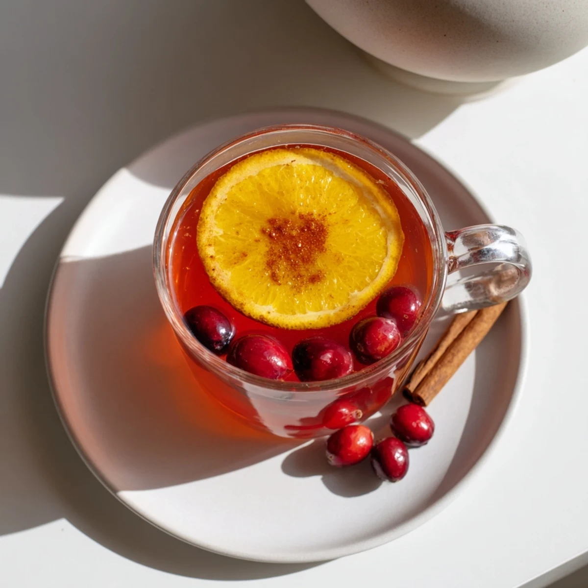 Steaming Orange Cranberry Tea in glass mug with fresh orange slices and floating cranberries