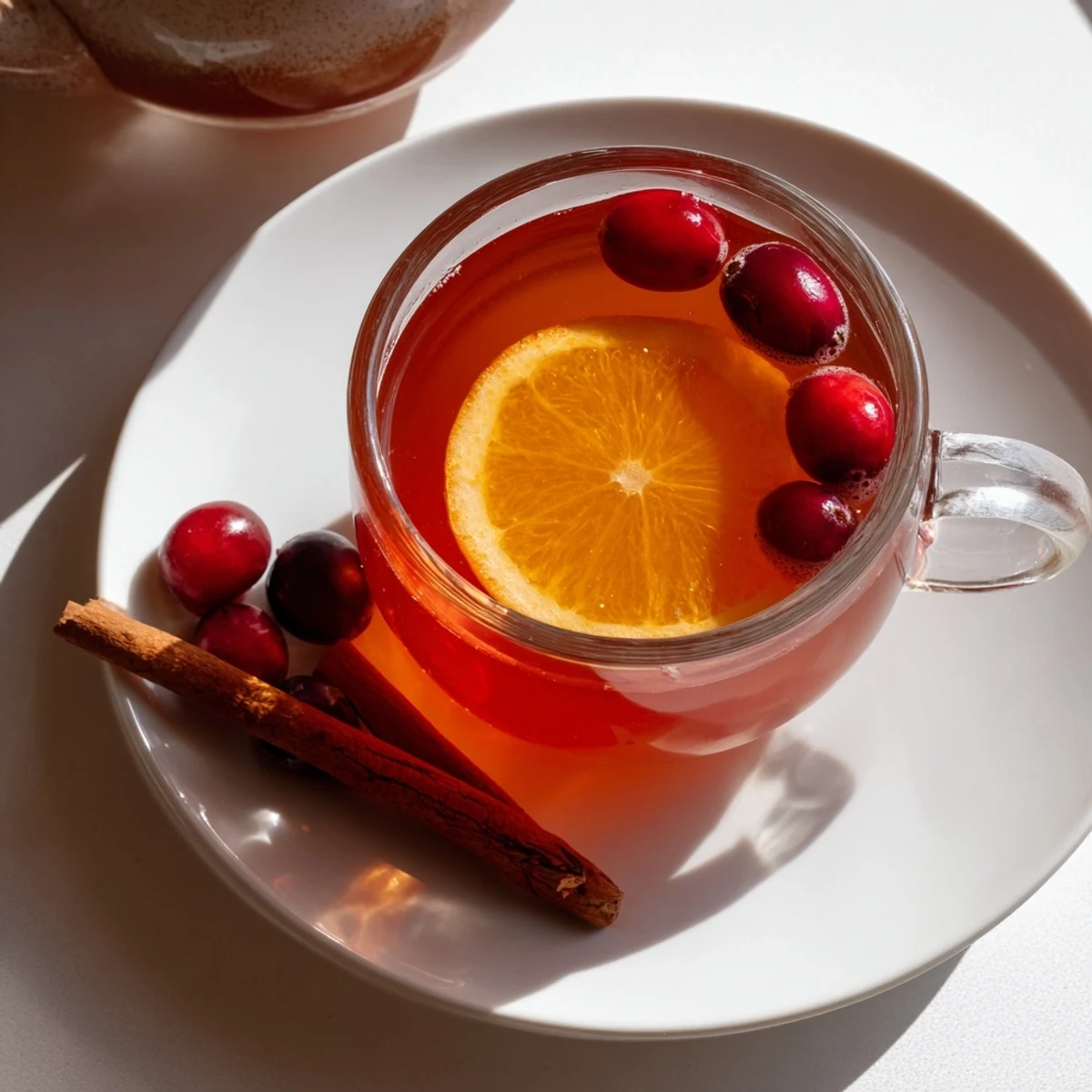 Garnished Orange Cranberry Tea beverage with citrus wheels and tart berries on wooden serving tray