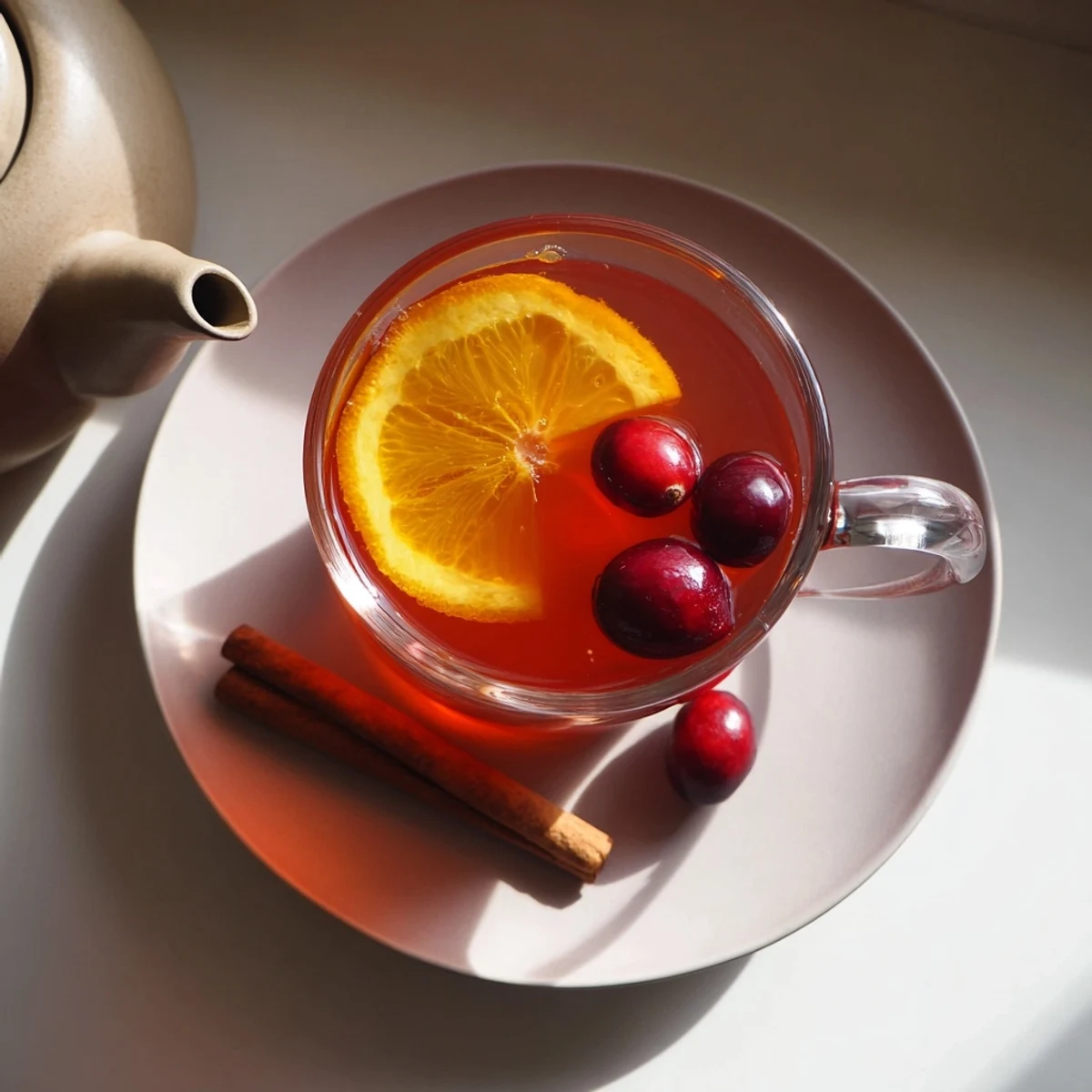 Warm Orange Cranberry Tea blend with cinnamon sticks and star anise in white teapot