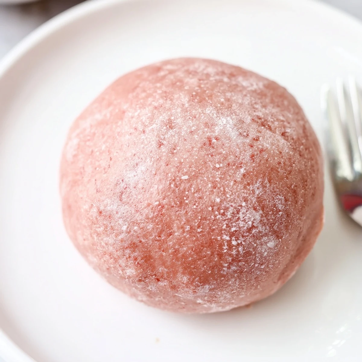 Handheld vegan strawberry mochi ice cream with smooth ice cream center and chewy rice wrapper