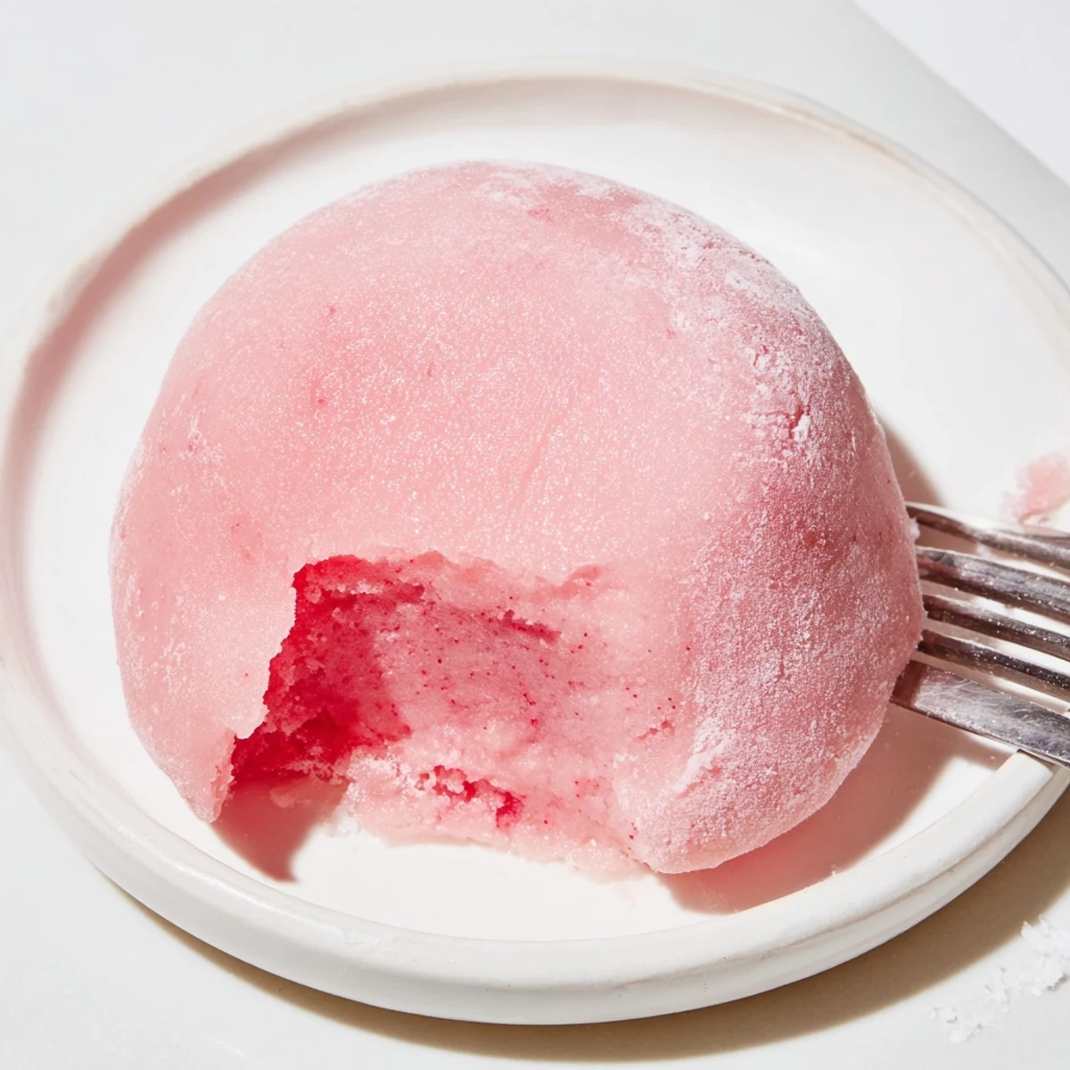 Pink-dusted vegan strawberry mochi ice cream treats ready for freezing on parchment paper