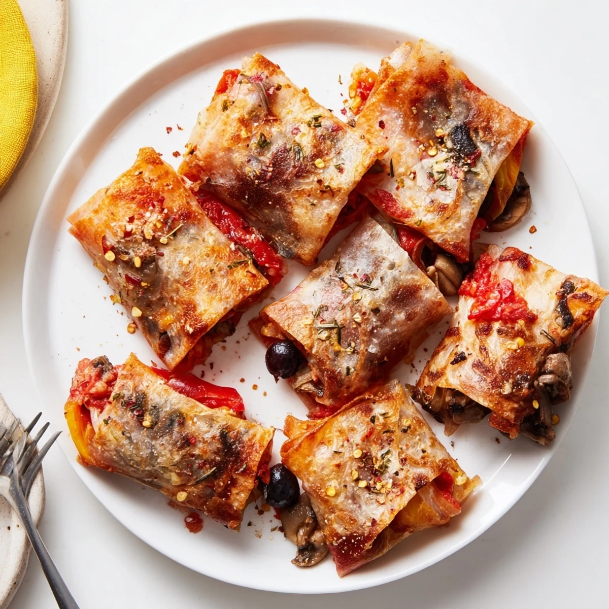 Golden pan-fried rice paper pizza rolls filled with melted mozzarella and colorful vegetables