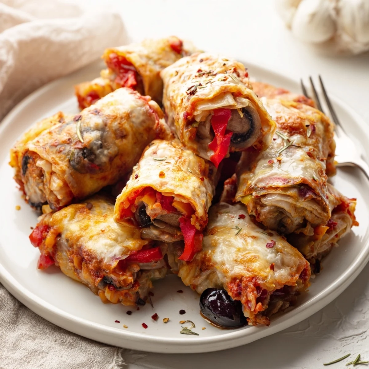 Crispy rice paper pizza rolls arranged on serving plate with marinara dipping sauce