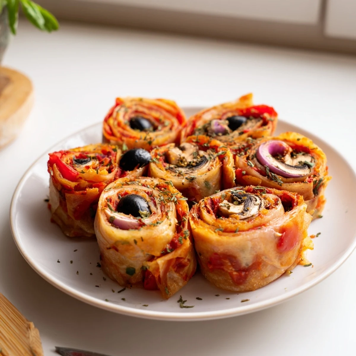 Close-up of bubbling cheese and peppers inside crispy fried rice paper pizza rolls