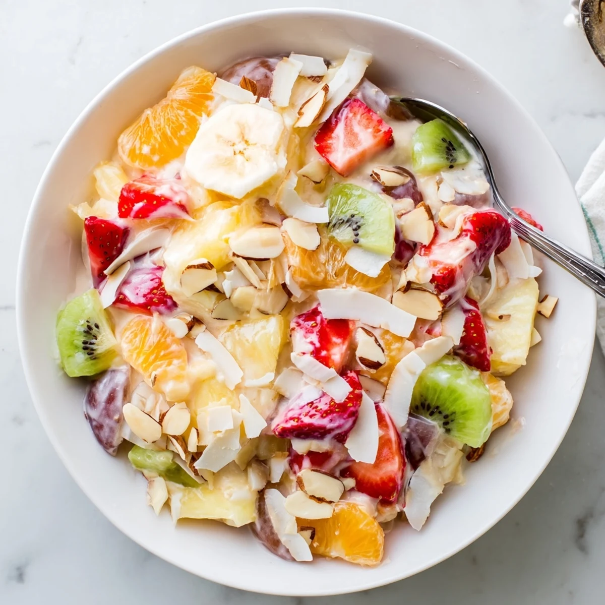 Colorful creamy fruit salad bowl featuring strawberries, grapes, and pineapple in sweet yogurt dressing