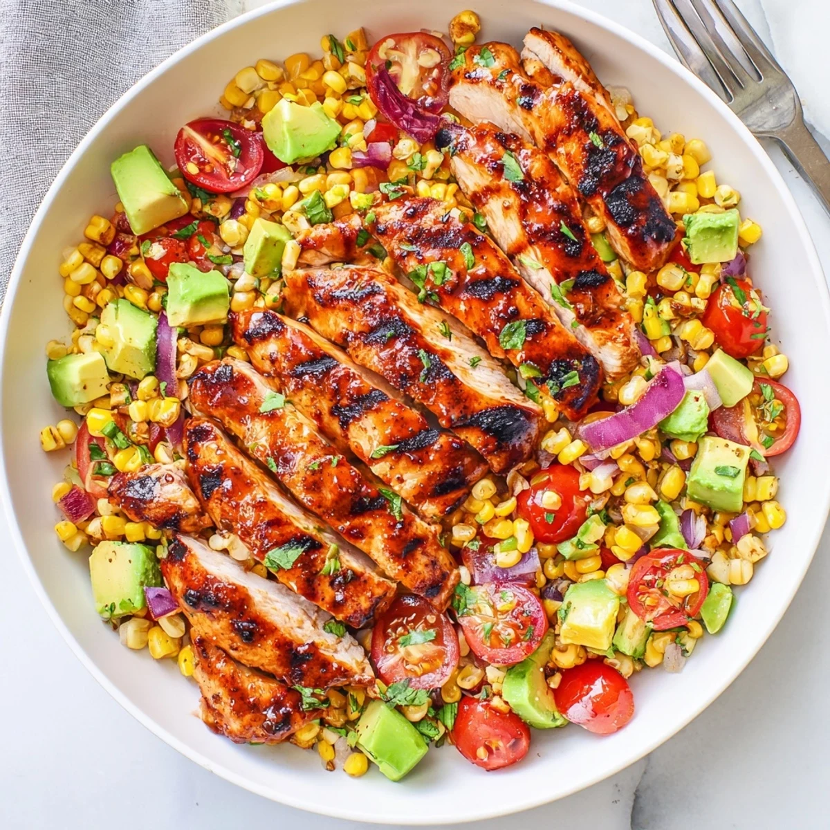 Grilled hot honey chicken breast with spicy honey glaze served alongside fresh sweet corn salad with cherry tomatoes, avocado, and herbs