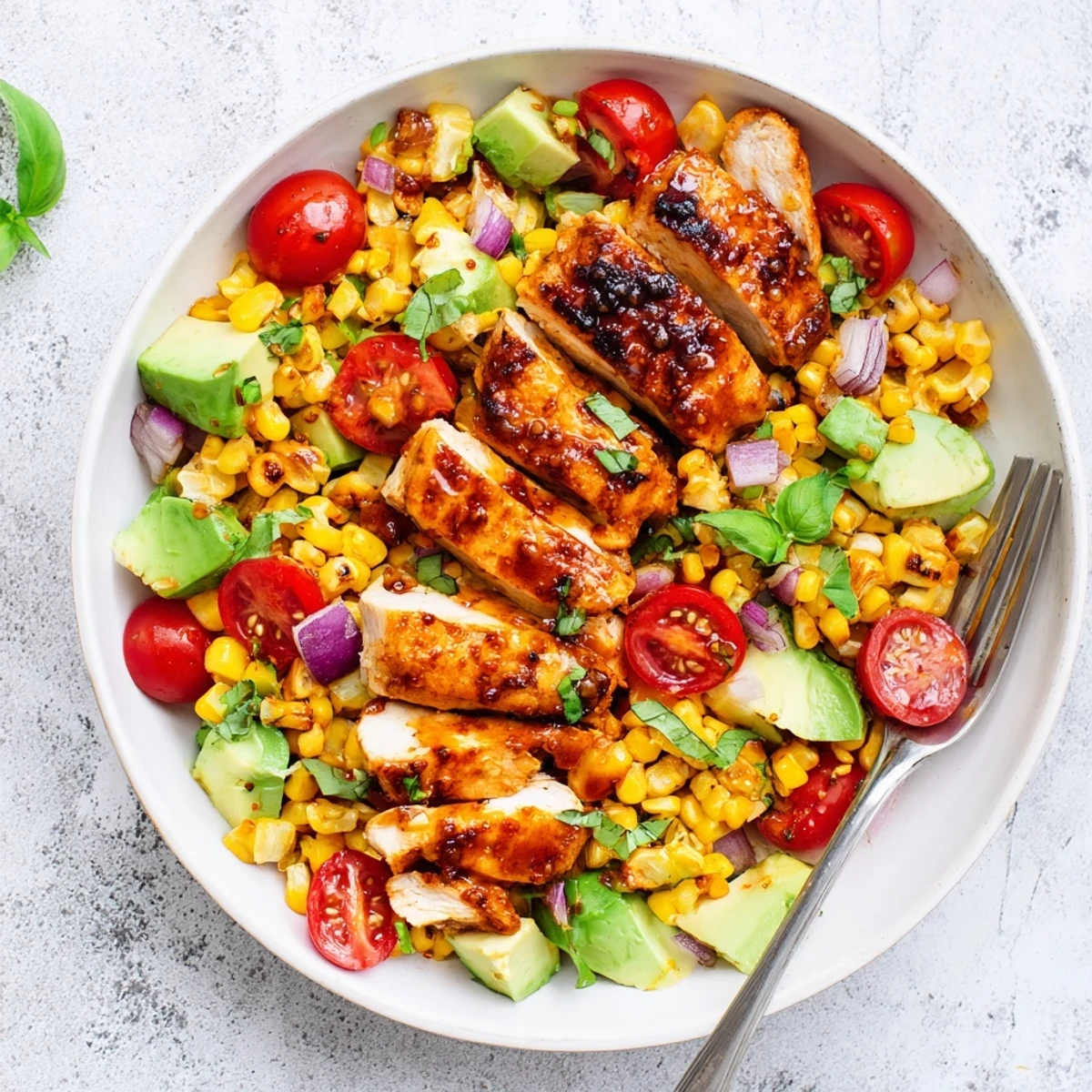 Juicy grilled chicken glazed in hot honey arranged over vibrant corn salad featuring lime-dressed corn, red onion, cherry tomatoes, and creamy avocado
