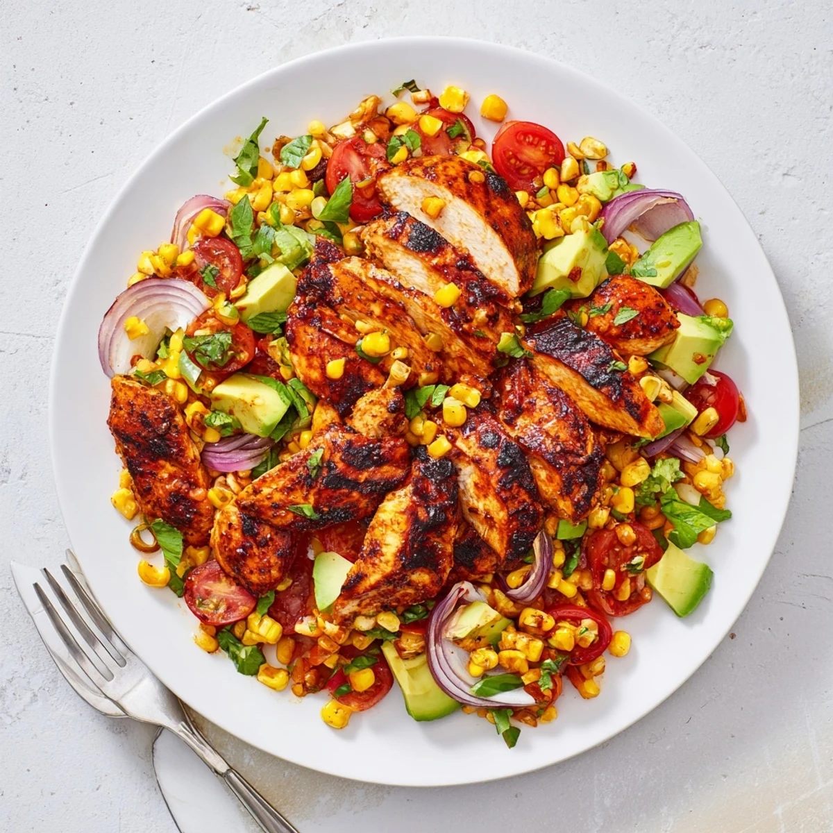 Sliced hot honey grilled chicken resting on a bed of refreshing sweet corn salad tossed with cilantro, basil, and tangy lime dressing