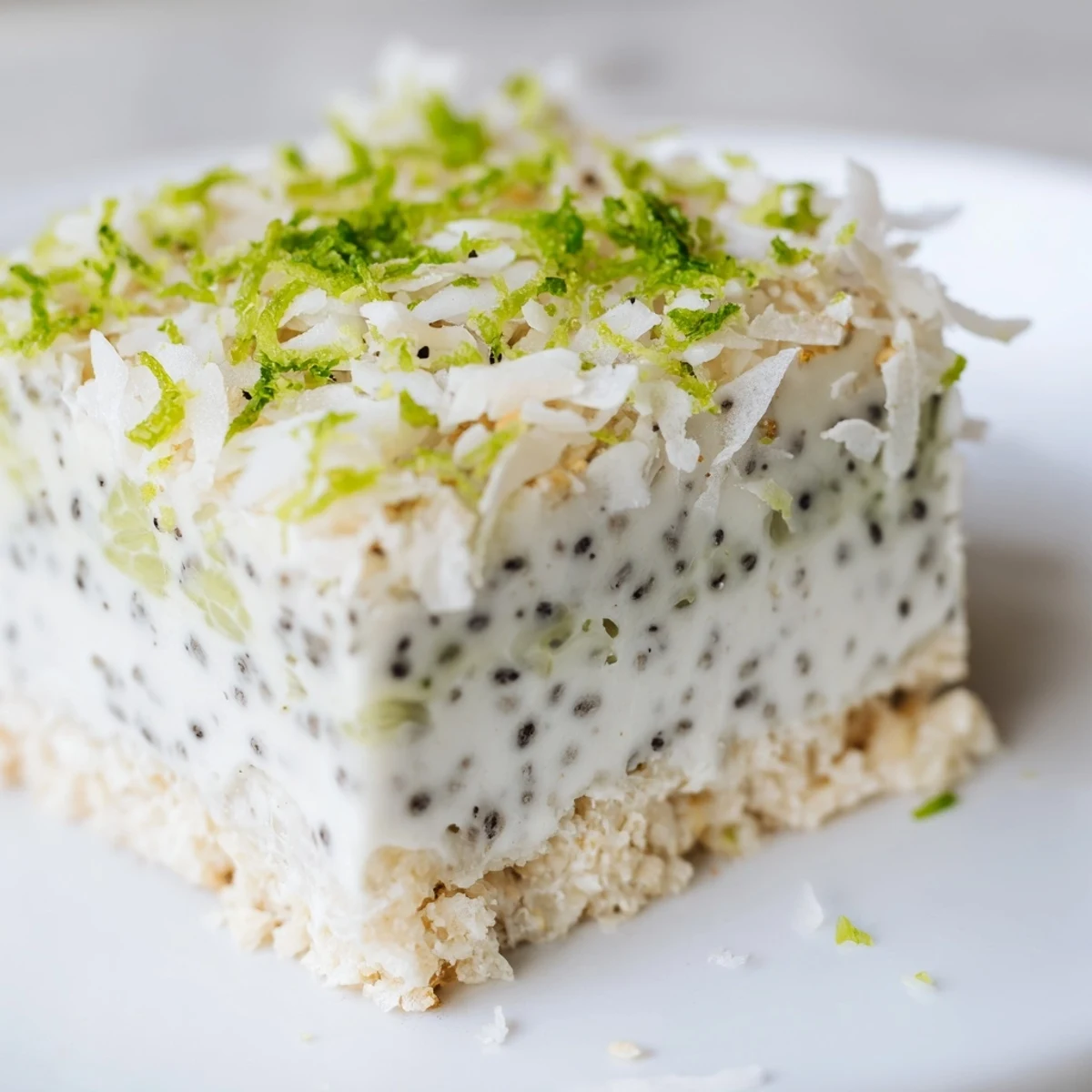 Creamy no bake zesty coconut lime chia pudding bars topped with toasted coconut flakes