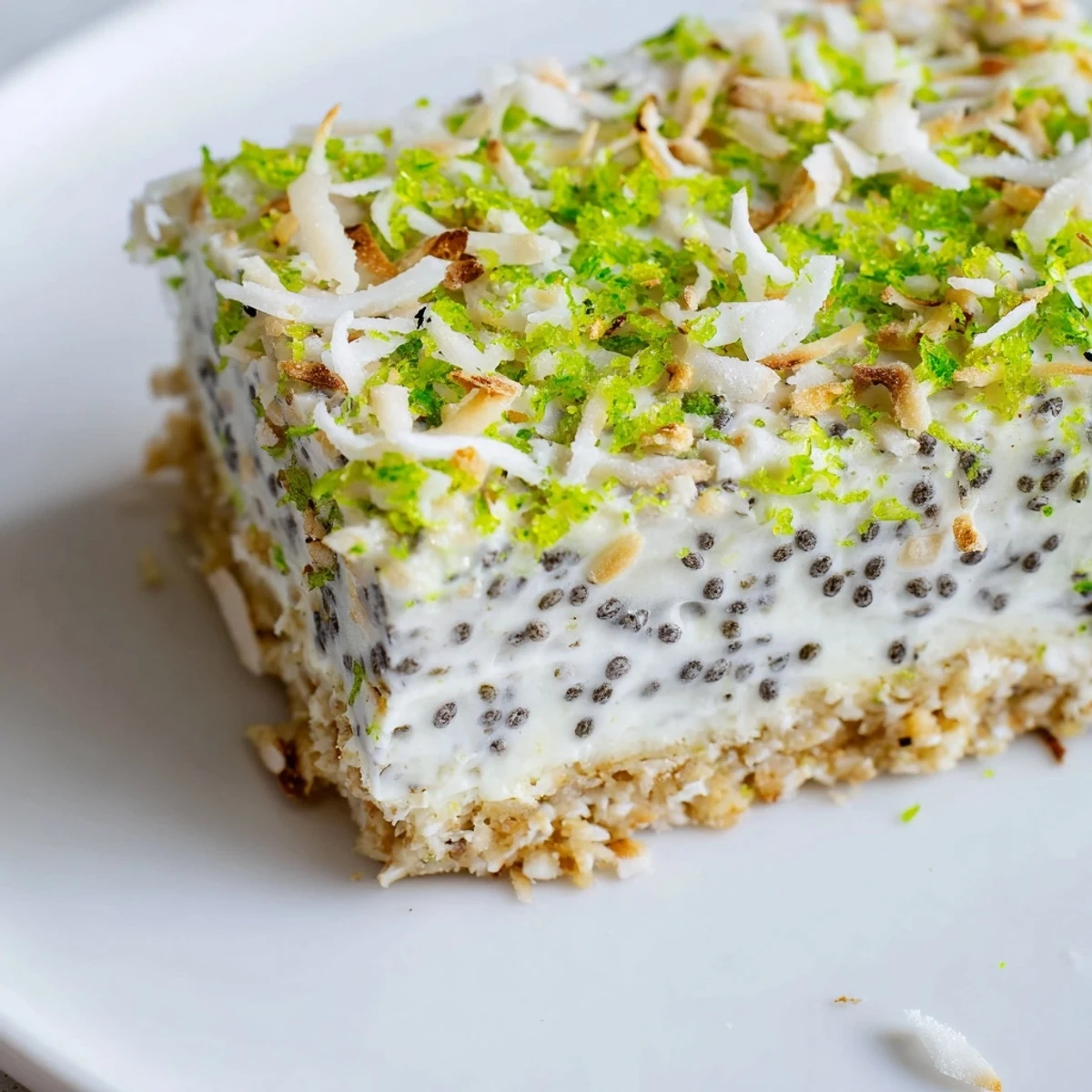 Fresh zesty coconut lime chia pudding bars sliced into squares on white plate