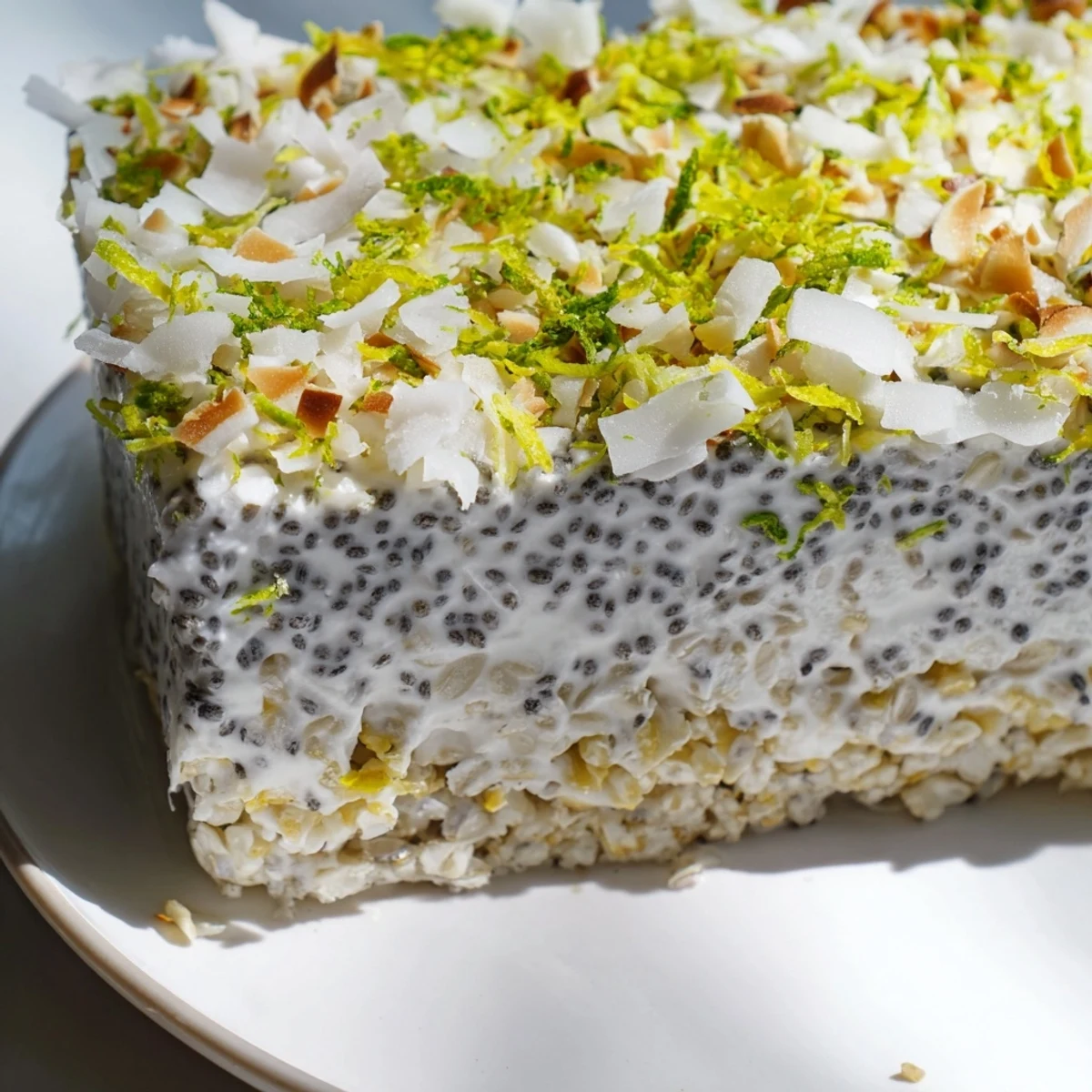 Vegan no bake zesty coconut lime chia pudding bars with green lime zest sprinkles