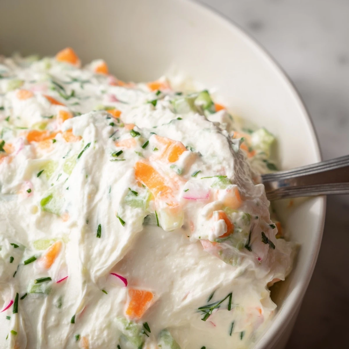 Festive white dip topped with fresh dill, chives, and parsley beside crisp carrot sticks, cucumber slices, and radish crackers