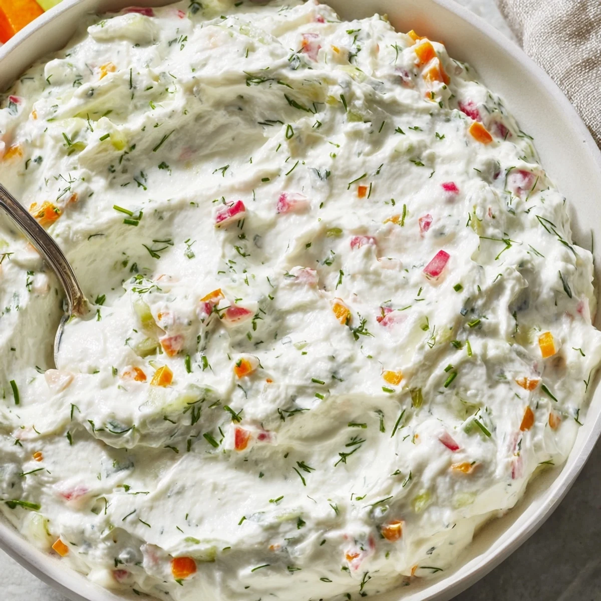 Garnished creamy Easter dip with spring vegetables including grated carrots and diced cucumbers arranged on a rustic serving platter