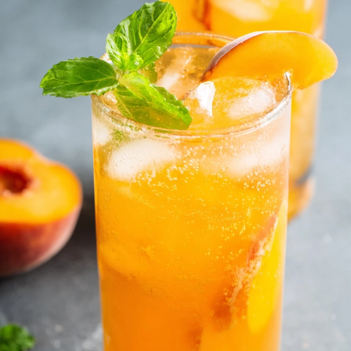 Glowing glass of ginger peach sparkler garnished with fresh peach slices and mint