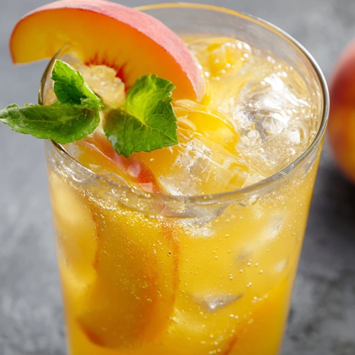 Golden peach puree swirled with ginger syrup in tall glass of sparkling drink