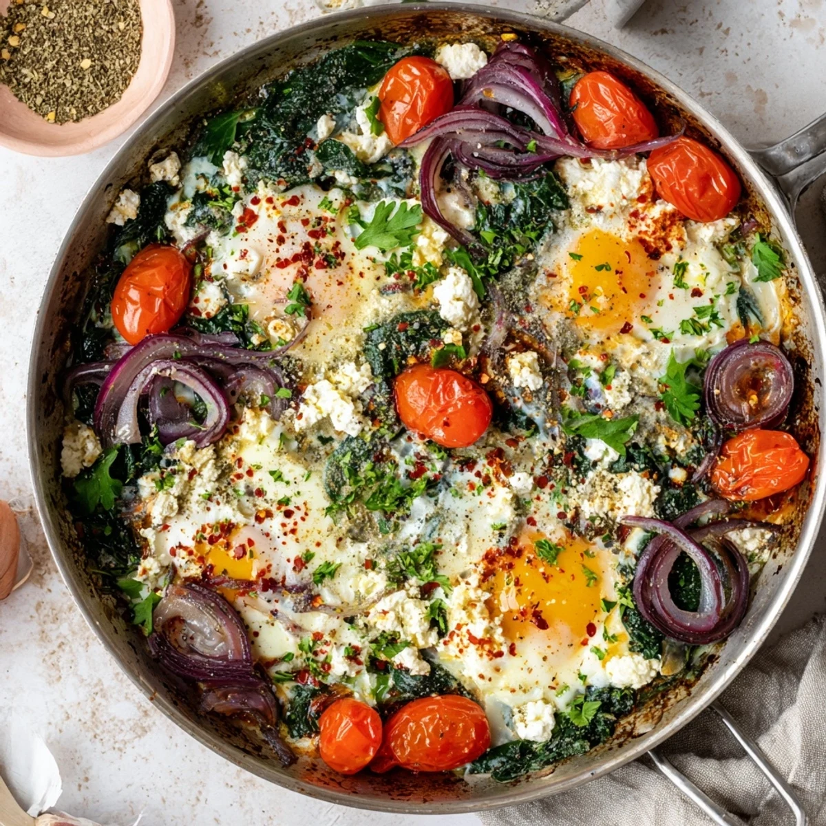 Golden baked feta eggs with spinach and tomatoes fresh from the oven in a skillet