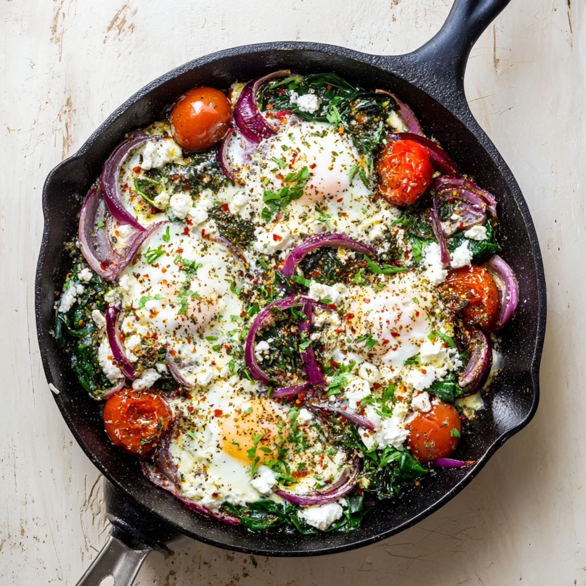 Creamy feta cheese baked with spinach and tomatoes alongside runny yolks for a savory breakfast