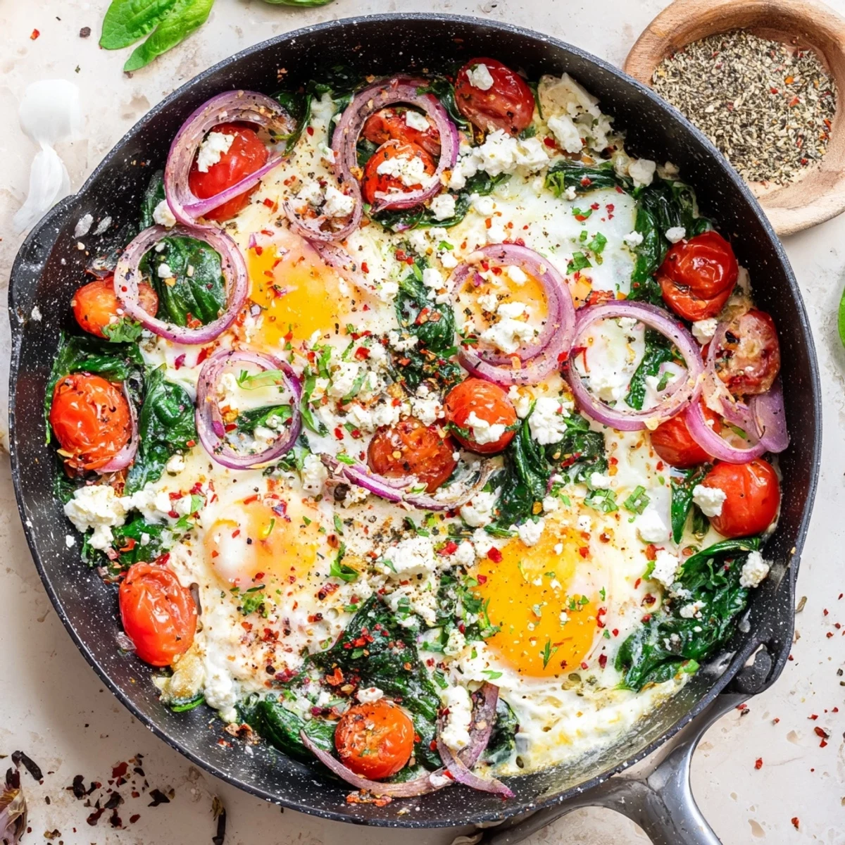 Mediterranean-style baked feta eggs featuring wilted spinach and burst cherry tomatoes in a rustic baking dish