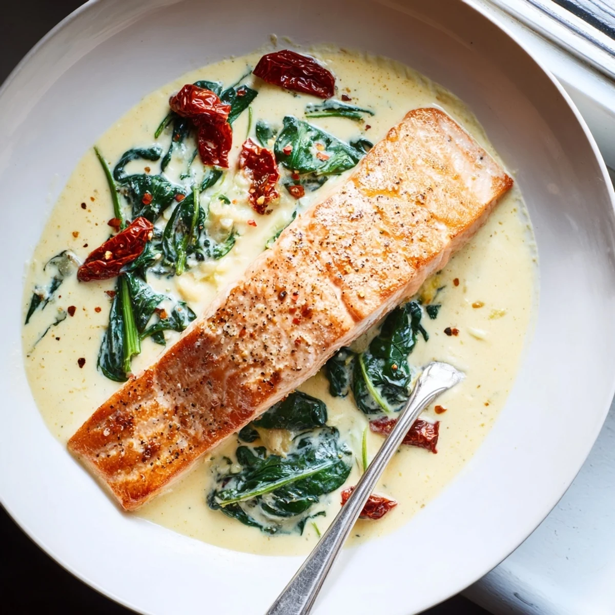 Golden pan-seared salmon fillets resting in rich creamy garlic sauce with sun-dried tomatoes