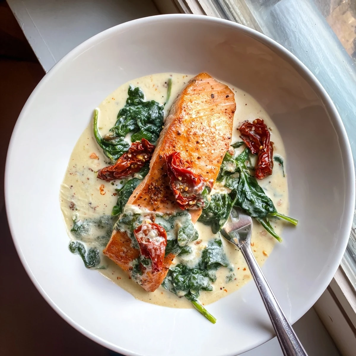 Creamy Tuscan salmon topped with wilted spinach and parmesan in a white skillet