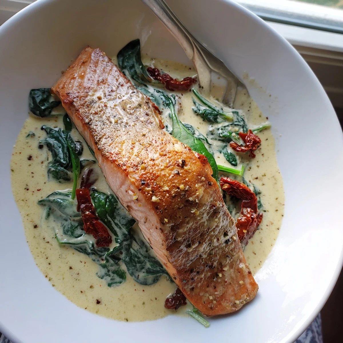 Savory salmon simmered in thick cream sauce with sundried tomatoes and fresh basil garnish