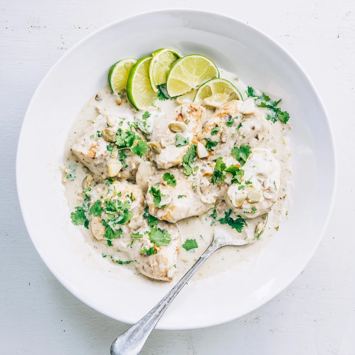 Golden coconut lime chicken swimming in creamy white sauce with fresh cilantro garnish