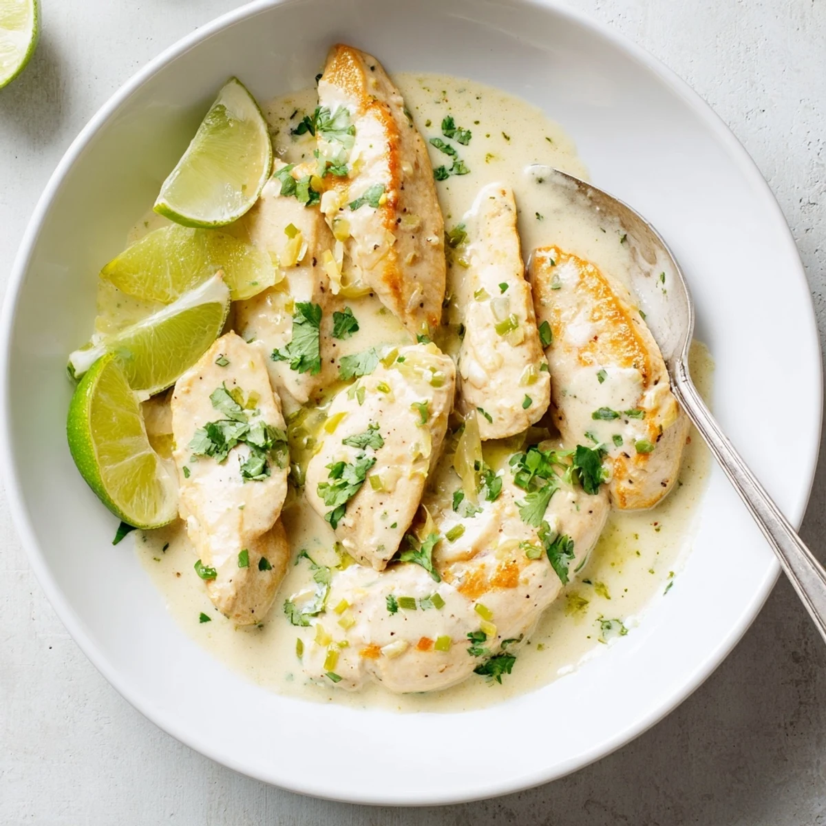 Creamy coconut lime chicken dish garnished with green cilantro on white serving plate