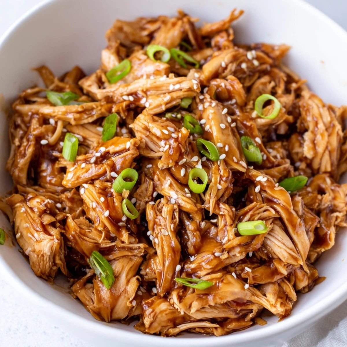 Shredded Crockpot Teriyaki Chicken drizzled with rich dark sauce and sesame seeds